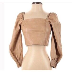 7 For All Mankind Vegan Leather Corset Crop Top Puff Long Sleeves Nude Small NEW